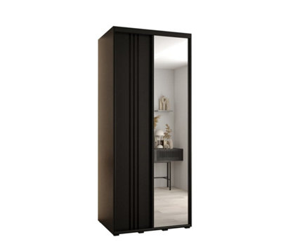 Compact Black Mirrored Wardrobe H2050mm W1100mm D600mm with Customisable Black Steel Handles