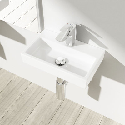 Compact Ceramic Wall Hung Sink - Rectangular Cloakroom Hand Washing Basin - One Middle Tap Hole