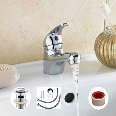 Compact Chrome Single Lever Mono Basin Mixer Tap with Waste & Fixings for Cloakroom Sinks