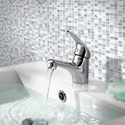 Compact Chrome Single Lever Mono Basin Mixer Tap with Waste & Fixings for Cloakroom Sinks