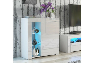 Compact Display Bookcase Glass Shelving 1 Door Blue LEDs White High Gloss - Lily