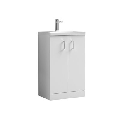 Compact Floor Standing 2 Door Vanity Basin Unit with Ceramic Basin - 500mm - Gloss White