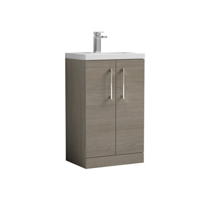 Compact Floor Standing 2 Door Vanity Basin Unit with Ceramic Basin - 500mm - Woodgrain Solace Oak