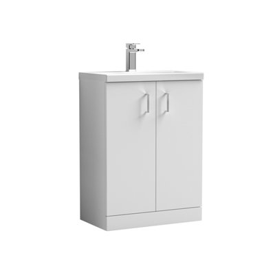 Compact Floor Standing 2 Door Vanity Basin Unit with Ceramic Basin - 600mm - Gloss White