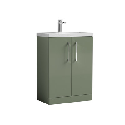 Compact Floor Standing 2 Door Vanity Basin Unit with Ceramic Basin - 600mm - Satin Green