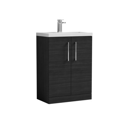 Compact Floor Standing 2 Door Vanity Basin Unit with Ceramic Basin - 600mm - Woodgrain Charcoal Black