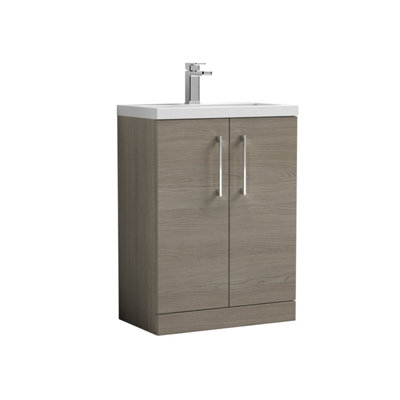 Compact Floor Standing 2 Door Vanity Basin Unit with Ceramic Basin - 600mm - Woodgrain Solace Oak