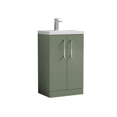 Compact Floor Standing 2 Door Vanity Basin Unit with Polymarble Basin - 500mm - Satin Green