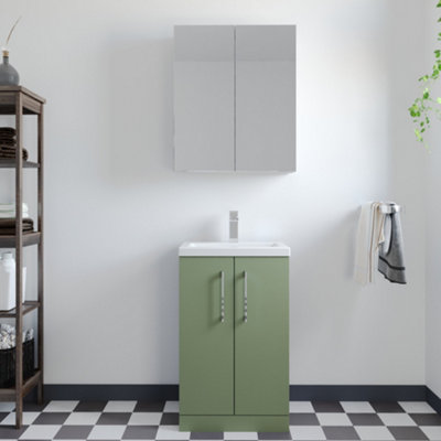 Compact Floor Standing 2 Door Vanity Basin Unit with Polymarble Basin - 500mm - Satin Green