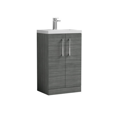 Compact Floor Standing 2 Door Vanity Basin Unit with Polymarble Basin - 500mm - Woodgrain Anthracite