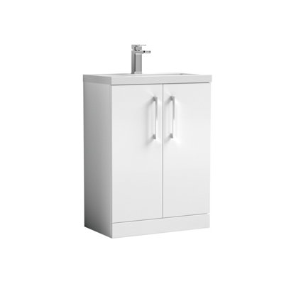 Compact Floor Standing 2 Door Vanity Basin Unit with Polymarble Basin - 600mm - Gloss White