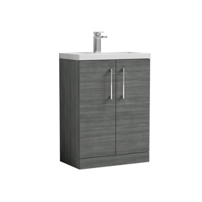 Compact Floor Standing 2 Door Vanity Basin Unit with Polymarble Basin - 600mm - Woodgrain Anthracite