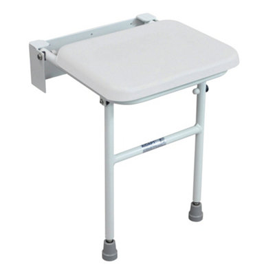 Compact Folding Shower Seat with Support Legs - White Padded Seat - Wall Mounted