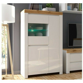 Compact Glass Display Cabinet Soft Close Shelf LED Light White Gloss Oak Effect Holten