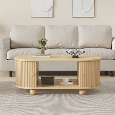 Compact Oval Coffee Table with Sliding Storage Doors - Wood Effect MDF ...