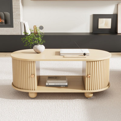 Compact Oval Coffee Table with Sliding Storage Doors - Wood Effect MDF ...