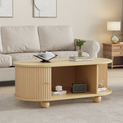Compact Oval Coffee Table with Sliding Storage Doors - Wood Effect MDF ...