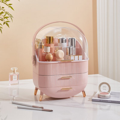 Compact Portable Pink Makeup Organizer with Large Compartment and
