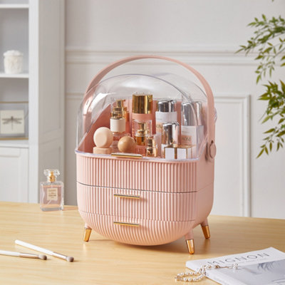 Compact Portable Pink Makeup Organizer with Large Compartment