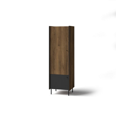 Compact Prestigo Hinged Wardrobe in Oak Walnut & Black Matt - Sleek and Sturdy, H1910mm W590mm D550mm