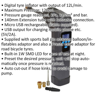 Compact Rechargeable Digital Tyre Inflator with Power Bank and LED Work ...