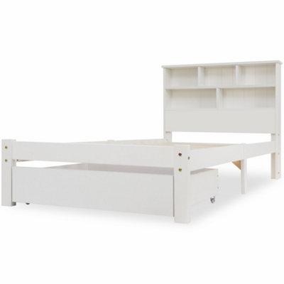 Compact Single Bed Frame with Shelves, White Wooden, 90 x 190 cm