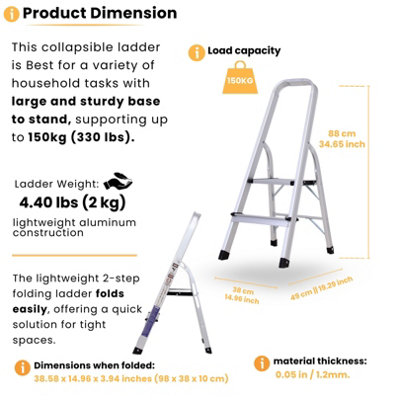 Compact Small Step Ladder 2 step - 88cm High, Lightweight & Foldable ...
