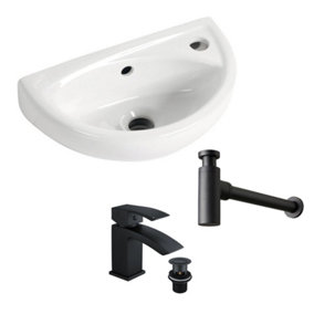 Compact Small Wall Hung Basin Sink Including Black Waterfall Tap & Bottle Trap