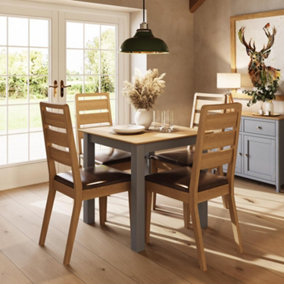 Compact Solid Oak 4 Chair Dining Table Set Grey Painted Finish