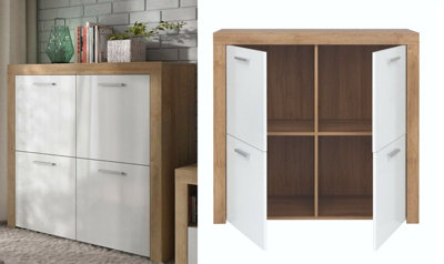 Compact Storage Sideboard 4 Door Cabinet Cupboard White Gloss Oak Effect Balder