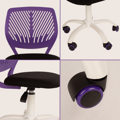 Compact Teenage study chair, purple plastic seat back, black fabric seat with white base