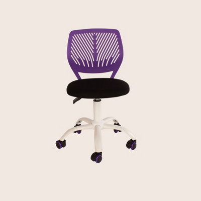 Compact Teenage study chair, purple plastic seat back, black fabric seat with white base