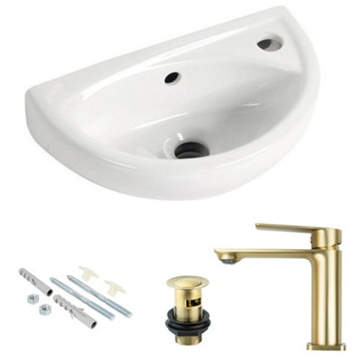 Compact Wall Hung Bathroom Basin Sink with Blade Brushed Brass Tap and Waste