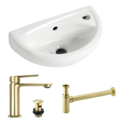 Compact Wall Hung Bathroom Basin Sink with Blade Brushed Brass Tap, Waste & Bottle Trap