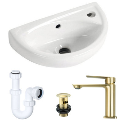 Compact Wall Hung Bathroom Basin Sink with Blade Brushed Brass Tap, Waste & P-Trap