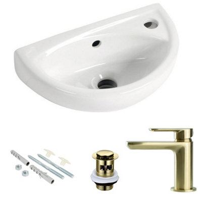 Compact Wall Hung Bathroom Basin Sink with Brushed Brass Tap and Waste