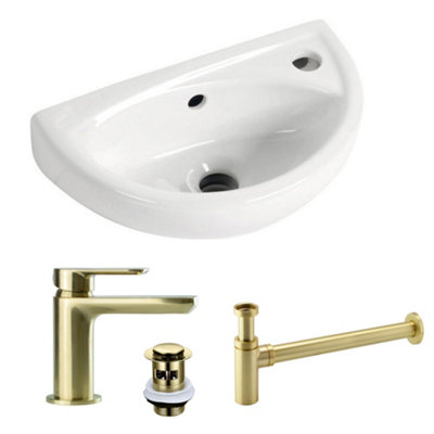 Compact Wall Hung Bathroom Basin Sink with Brushed Brass Tap, Waste & Bottle Trap