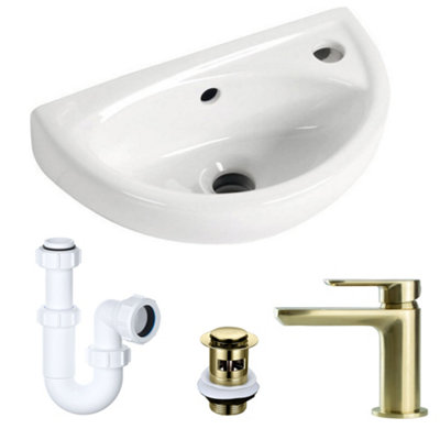 Compact Wall Hung Bathroom Basin Sink with Brushed Brass Tap, Waste & P-Trap