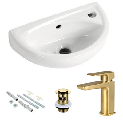 Compact Wall Hung Bathroom Basin Sink with Curve Brushed Brass Tap and Waste