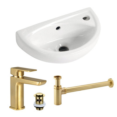 Compact Wall Hung Bathroom Basin Sink with Curve Brushed Brass Tap, Waste & Bottle Trap