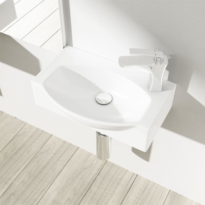 Compact Wall Hung / Countertop Ceramic Sink D Shape Cloakroom Washing Basin - Right Corner Tap Hole