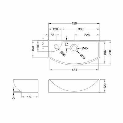 Compact Wall Hung Right Hand Round Ceramic 1 Tap Hole Vessel - 450mm - Balterley
