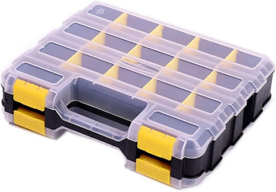 Compartmentalised small parts storage pouch with removable dividers, yellow