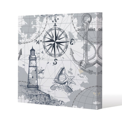 Compass & Map (Canvas Print) / 90 x 90 x 4cm