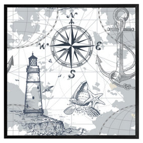 Compass & map (Picutre Frame) / 12x12" / Black