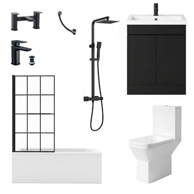 Complete Bathroom Suite Bath Black Taps Shower Screen Basin Vanity ...