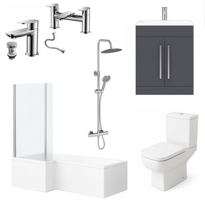 Complete Bathroom Suite LH 1700 L Shape Shower Bath L Screen Grey ...
