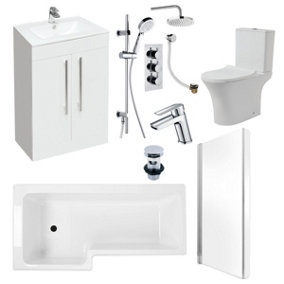 Complete Bathroom Suite (W)1700 Left Hand L Shape Shower Bath, Vanity Unit, Toilet, Tap & Shower Set