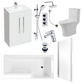 Complete Bathroom Suite (W)1700 Right Hand L Shape Shower Bath, Vanity Unit, Toilet, Tap & Shower Set