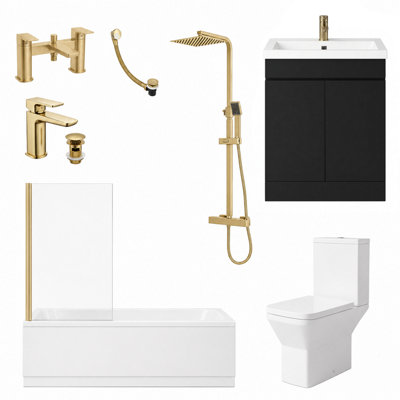 Complete Bathroom Suite with 1500mm Rectangular Bath, Matt Black Shower ...